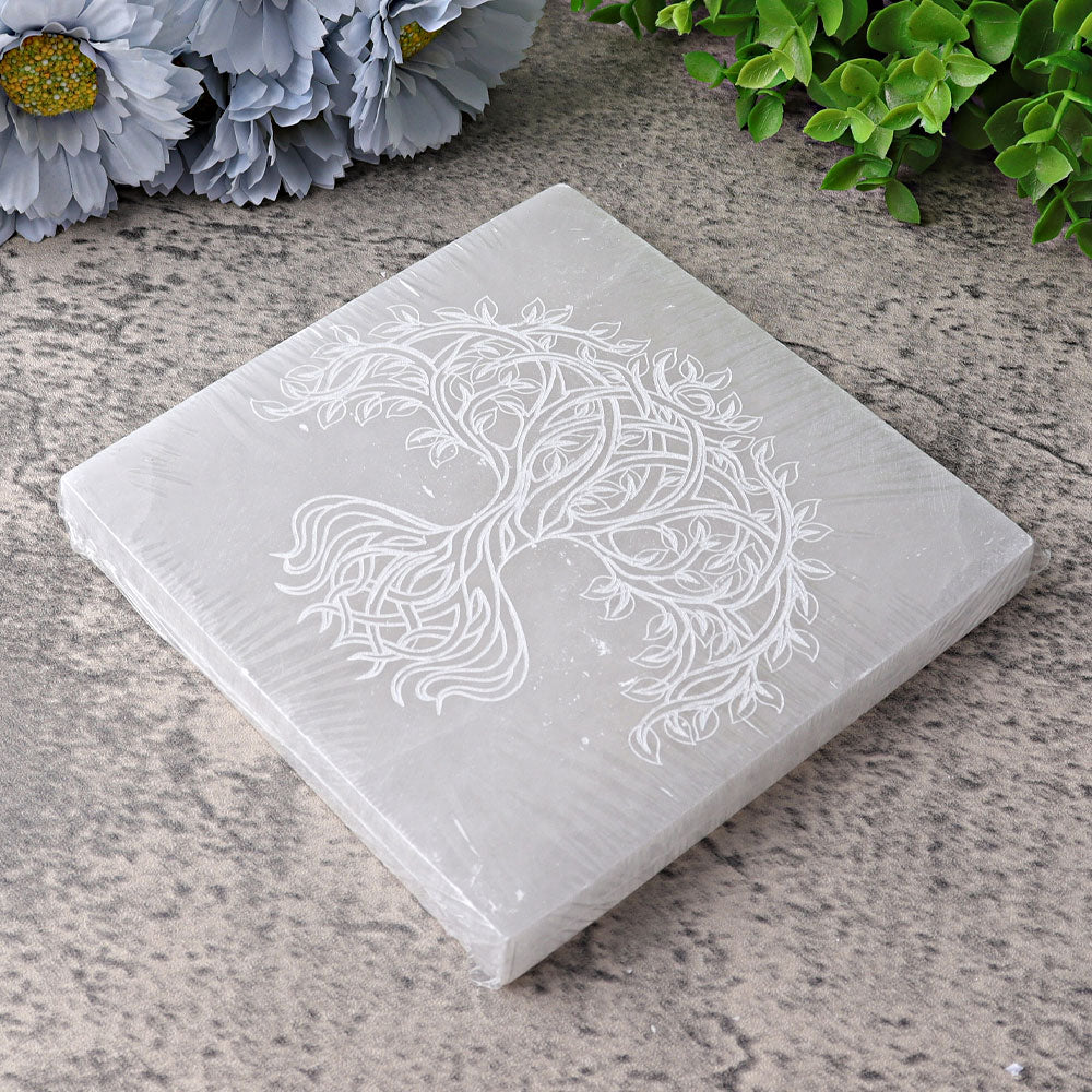 6" Square Selenite Coaster with Life Tree Printing Selenite Crystal Charging Plate