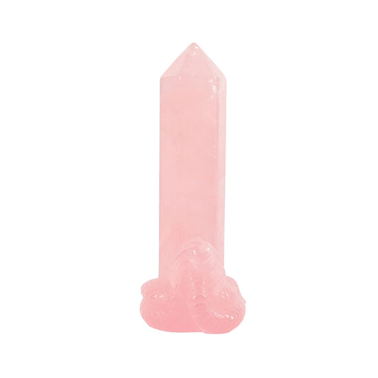 Rose Quartz Tower with Snake Carving Decor Base