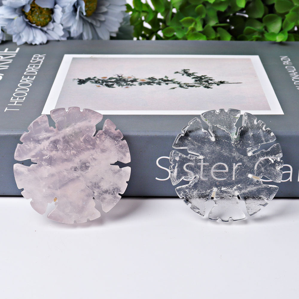 2" Rose Quartz Clear Quartz Snowflake Shape Crystal Carvings