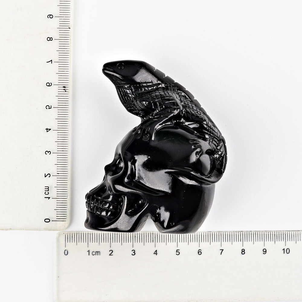 2.8" Black Obsidian Skull with Lizard Decoration Carvings