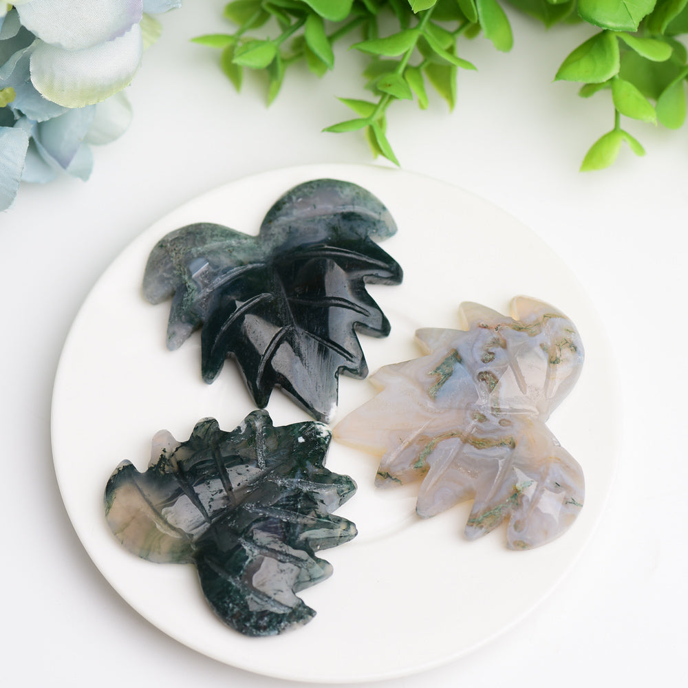 2.0" Moss Agate Maple Leaf Crystal Carving