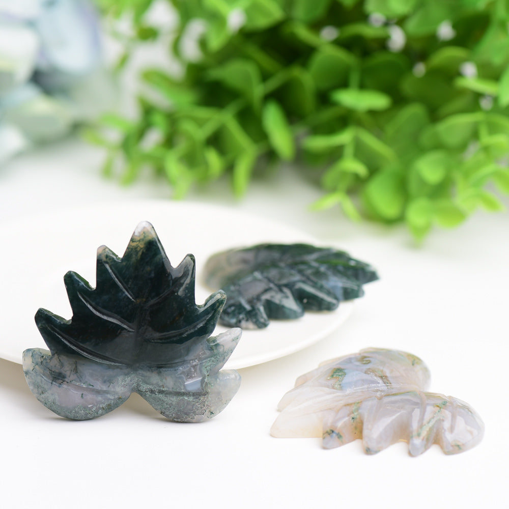 2.0" Moss Agate Maple Leaf Crystal Carving