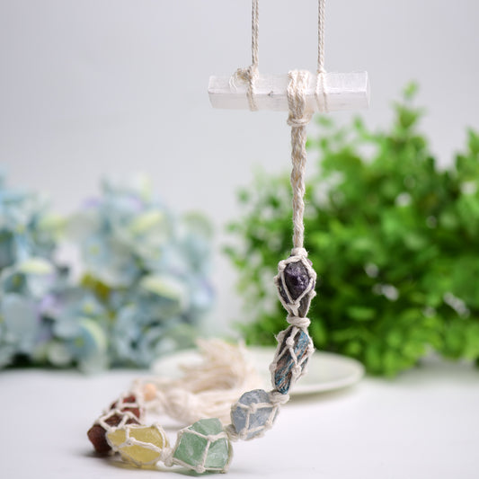 Chakra Raw Stone with Selenite Stick Crystal Hanging