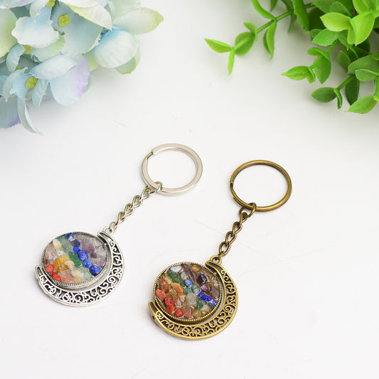 Golden Silver Moon with Chakra Key Chain