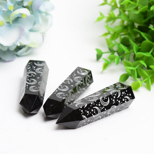 3.0"-3.5" Black Obsidian Crystal Point with Silver Moon Star Printing Crystal Healing Bulk Wholesale
