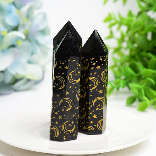3.0"-3.5" Black Obsidian Crystal Point with Golden Moon Star Printing Crystal Healing Bulk Wholesale