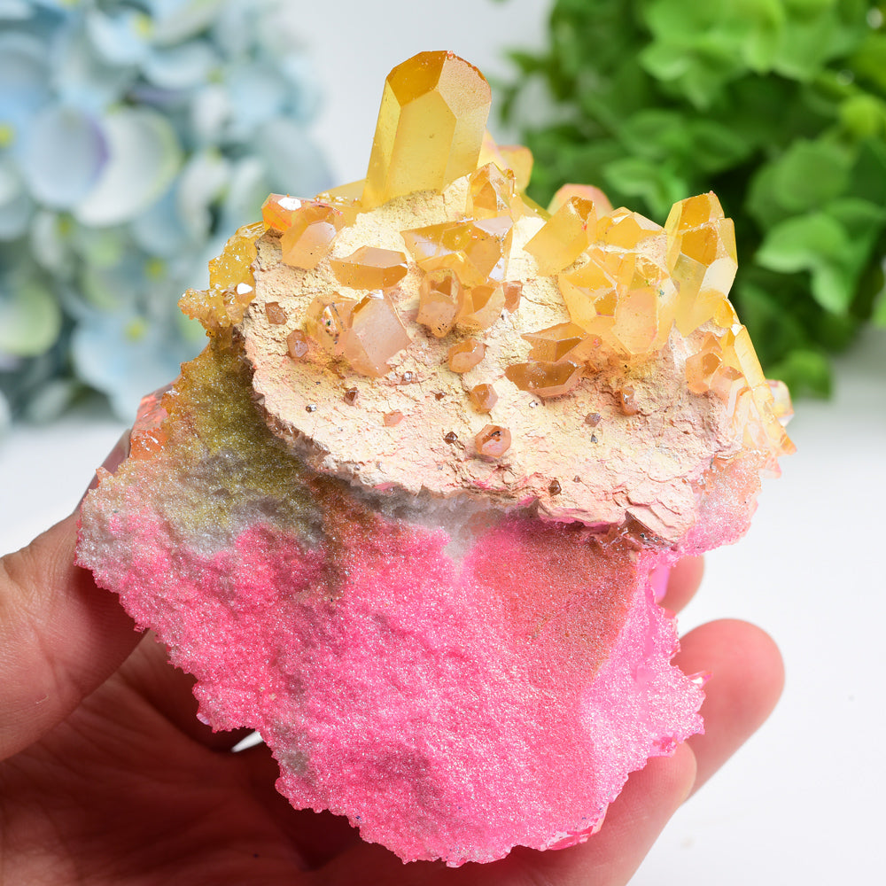 Aura Yellow & Pink Crystal Clusters Free Form Bulk Wholesale