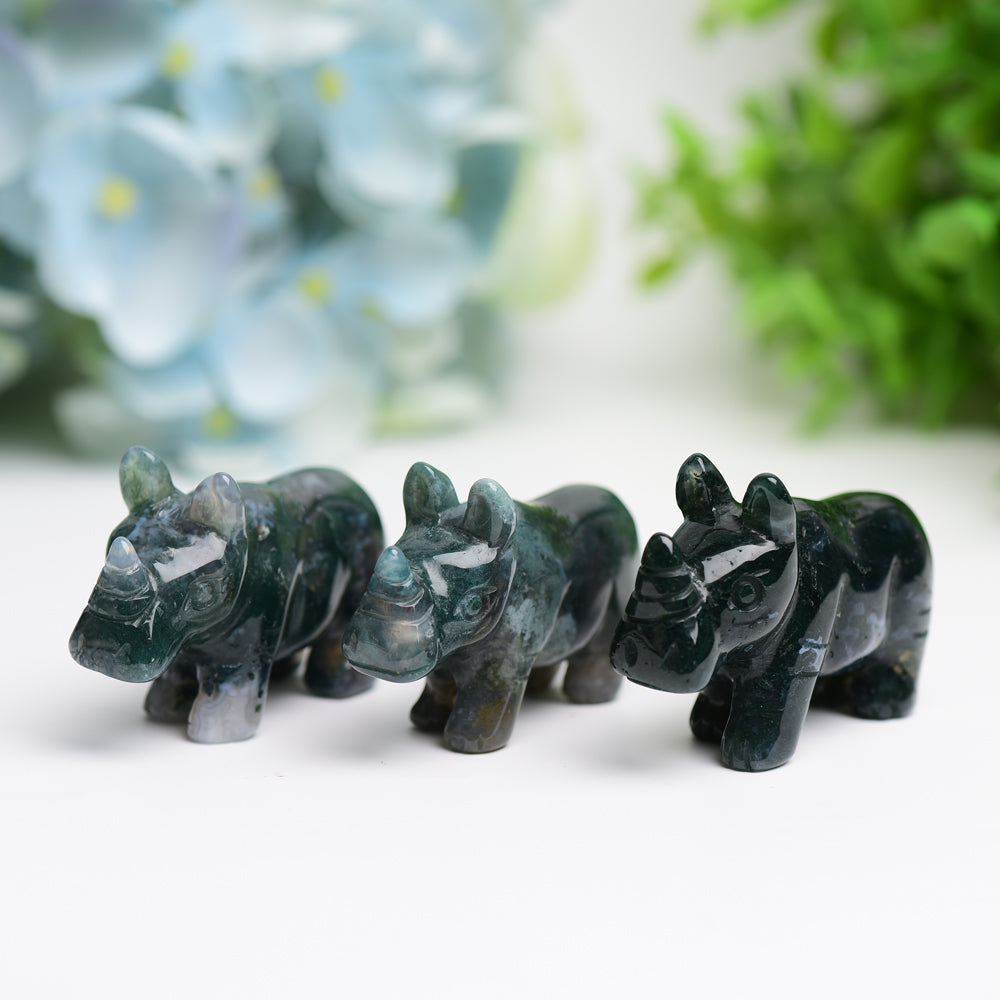 2.2" Moss Agate Rhinoceros Animal Crystal Carving