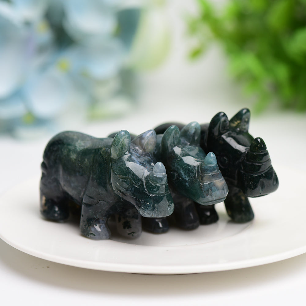 2.2" Moss Agate Rhinoceros Animal Crystal Carving