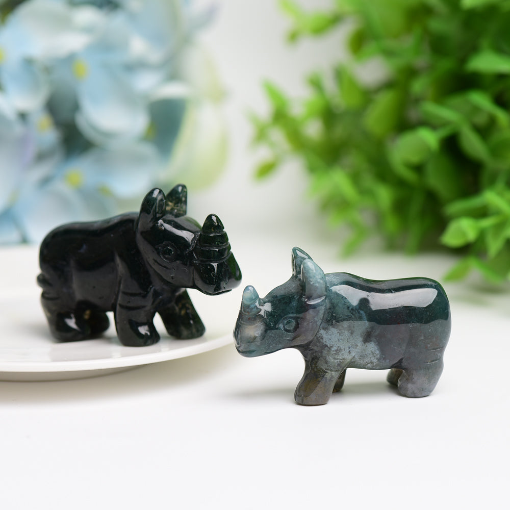 2.2" Moss Agate Rhinoceros Animal Crystal Carving