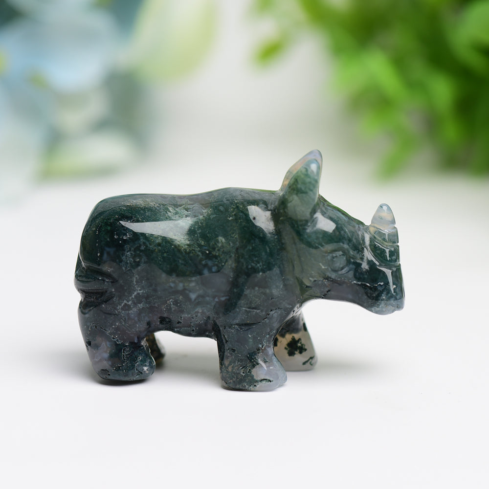 2.2" Moss Agate Rhinoceros Animal Crystal Carving