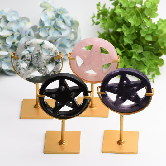 Mixed Crystal Pentagram Plate Carving with Metal Stand Bulk Wholesale