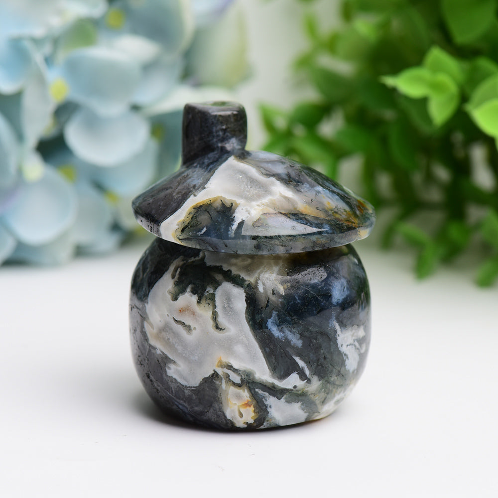 2.5" Moss Agate Mushroom House Crystal Carving Free Form