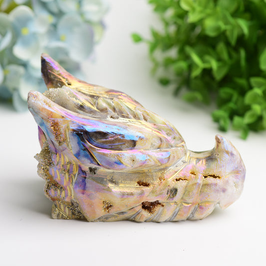 5.2" Aura Druzy Zinc Dragon Head Crystal Carving Crystal Healing Bulk Wholesale