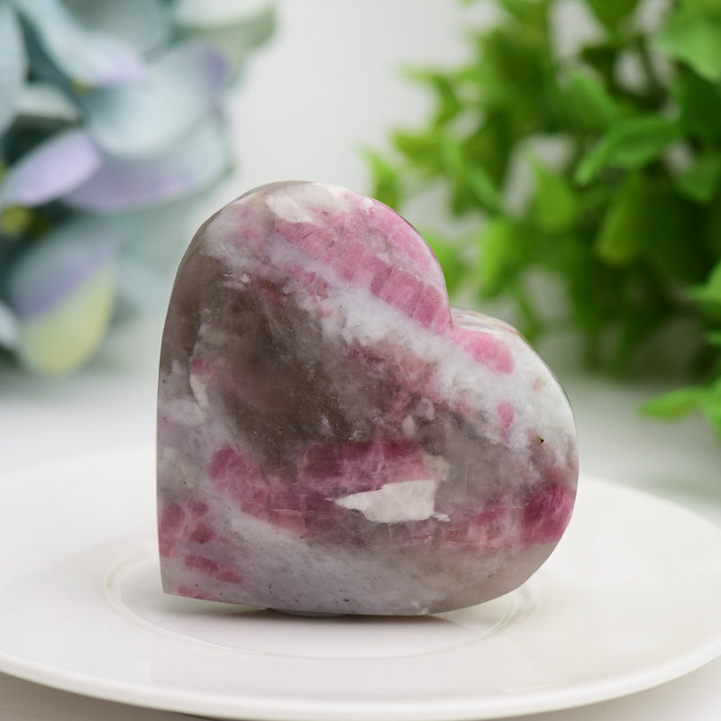2.5" Pink Tourmaline Heart Shape & Palm Stone