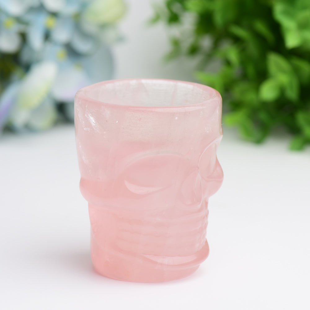 2.8" Rose Quartz Cup with Skull Carving Decor for Bulk Wholesale