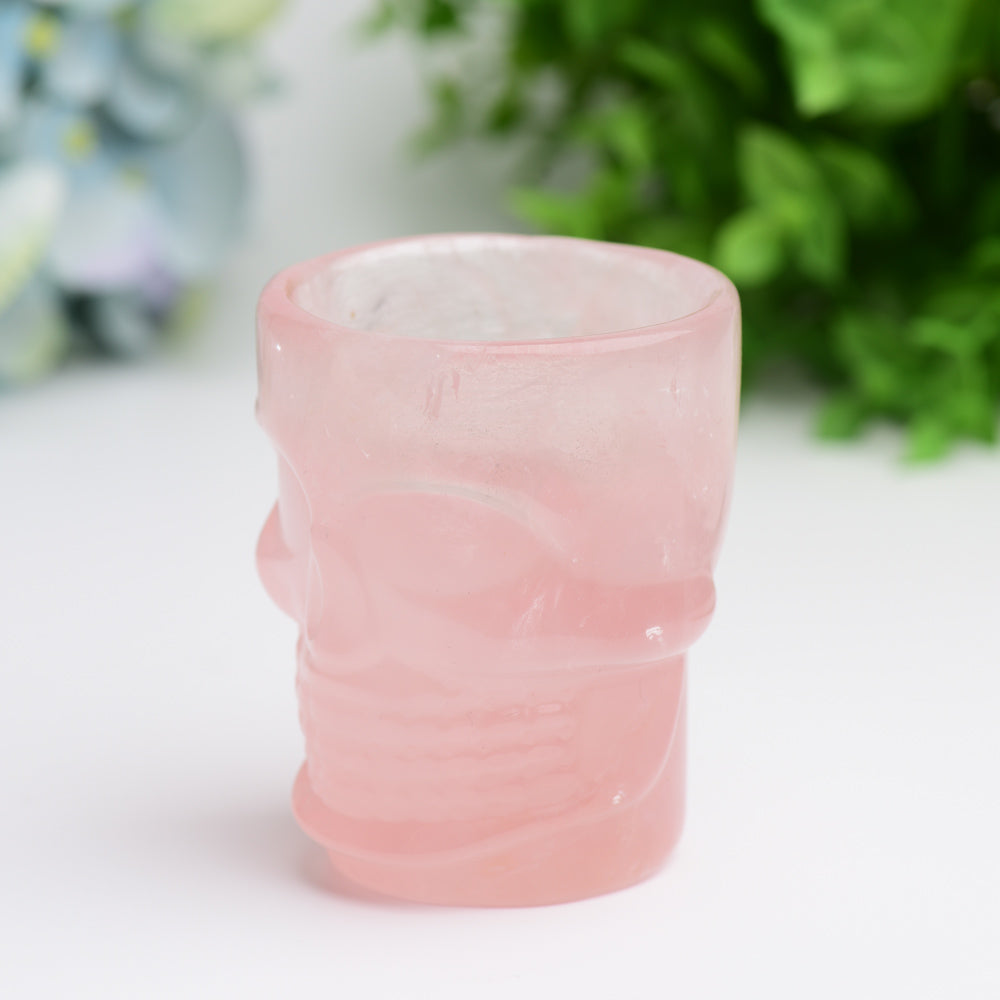 2.8" Rose Quartz Cup with Skull Carving Decor for Bulk Wholesale