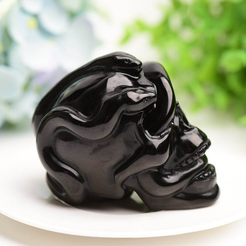 2.9" Black Obsidian Crystal Skull with Snake Decor for Halloween Bulk Wholesale