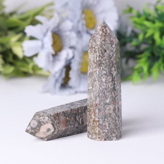 Natrual Crinoid Fossil Jasper Point Healing Crystal Tower