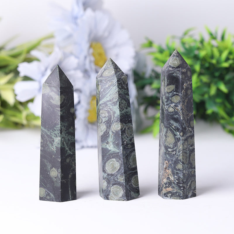 Wholesale Natural Crystal Green Kambaba Jasper Point Healing Crystal Tower