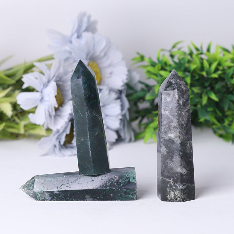 Wholesale Natual Crystal Healing Moss Agate Point Wand Tower