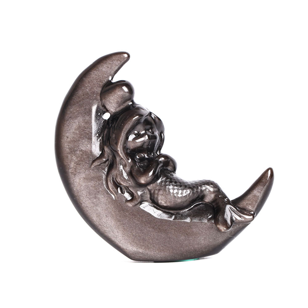 Silver Obsidian Moon with Mermaid Carving Decor