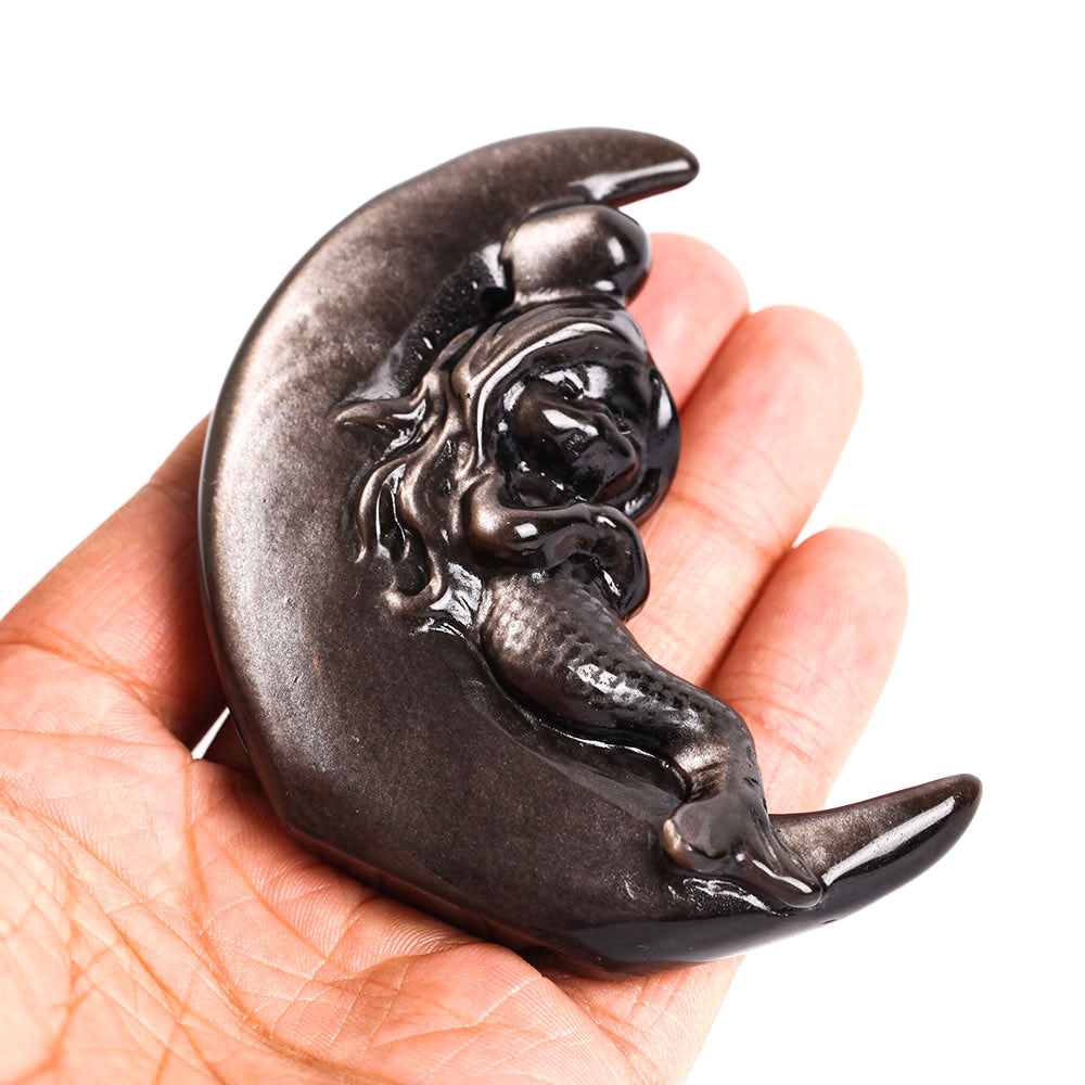 Silver Obsidian Moon with Mermaid Carving Decor