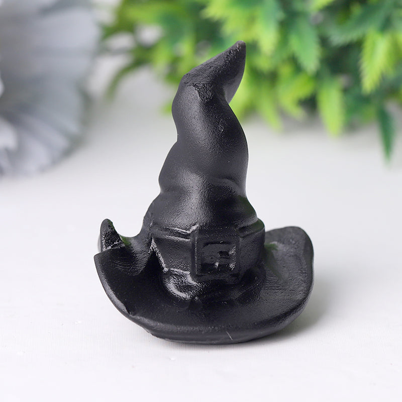 2" Black Obsidian Witch Hat Crystal Carving Halloween Gift