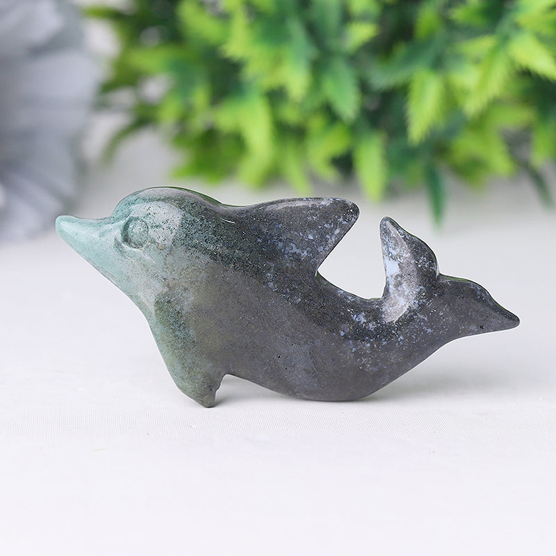 2.5" Moss Agate Dolphin Crystal Carvings