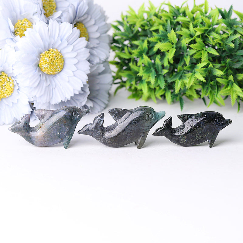 2.5" Moss Agate Dolphin Crystal Carvings