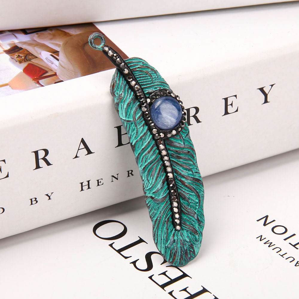 Metal Feather Shape Pendant with Kyanite
