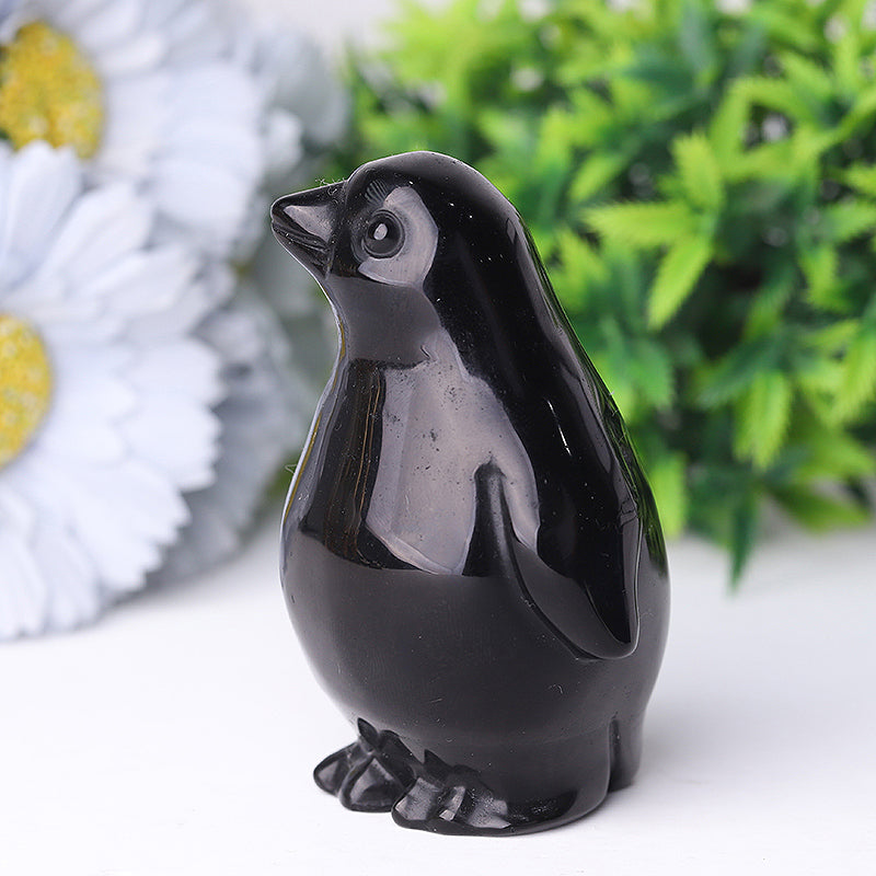 Silver Obsidian Penguin Crystal Carvings