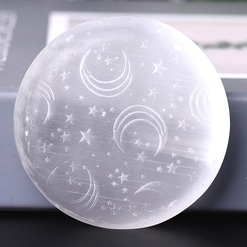 2.5" Selenite Palm Stone with Laser Carving Pattern