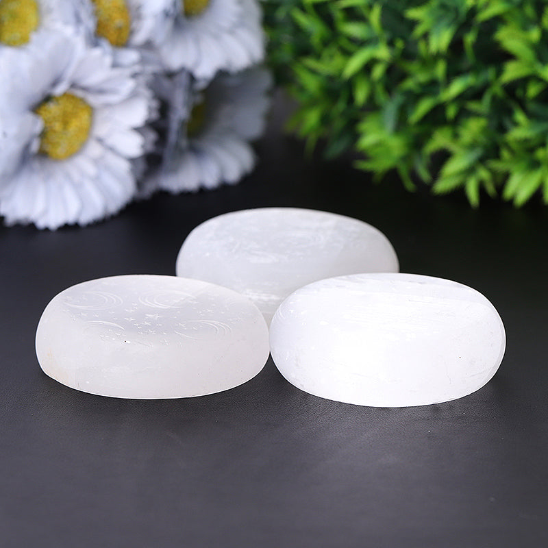 2.5" Selenite Palm Stone with Laser Carving Pattern