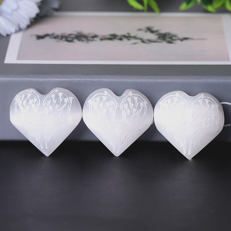 1.5" Selenite Heart Palm Stone with Laser Engraving Pattern