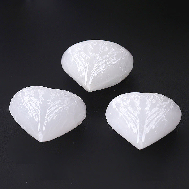1.5" Selenite Heart Palm Stone with Laser Engraving Pattern