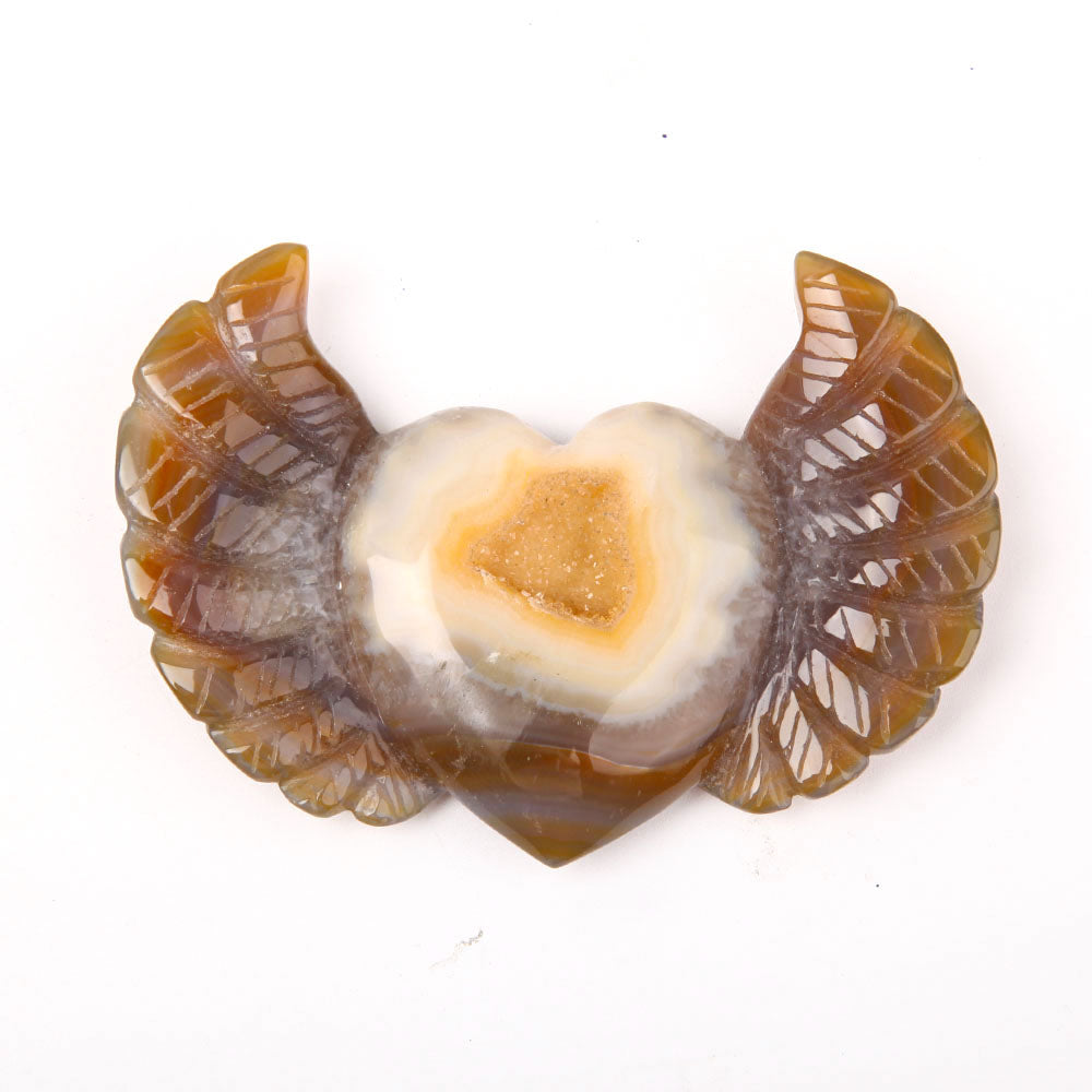 Hand Carved Druzy Agate Heart With Wings