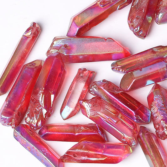 Drilled Red Aura Angel Crystal Points Raw Rough Clear Rock Quartz Sticks