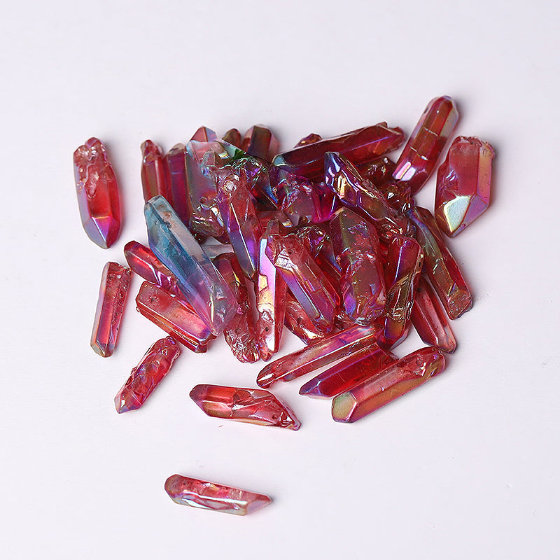 Drilled Red Aura Angel Crystal Points Raw Rough Clear Rock Quartz Sticks