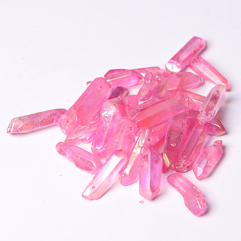 Drilled Pink Aura Angel Crystal Points Raw Rough Clear Rock Quartz Sticks