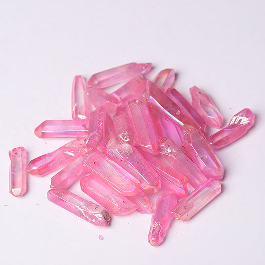 Drilled Pink Aura Angel Crystal Points Raw Rough Clear Rock Quartz Sticks