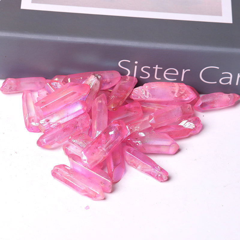 Drilled Pink Aura Angel Crystal Points Raw Rough Clear Rock Quartz Sticks