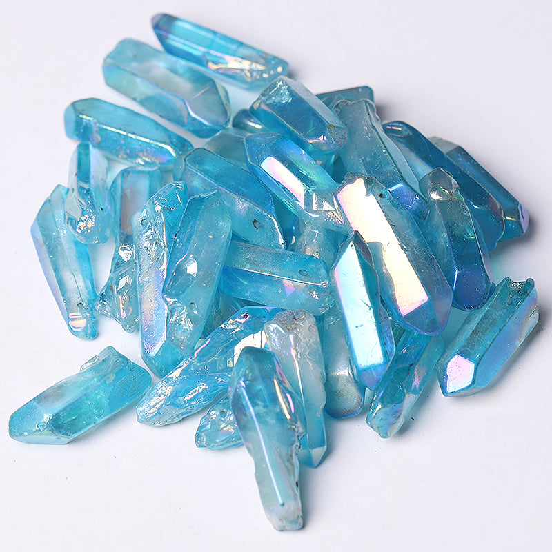 Drilled Blue Aura Angel Crystal Points Raw Rough Clear Rock Quartz Sticks
