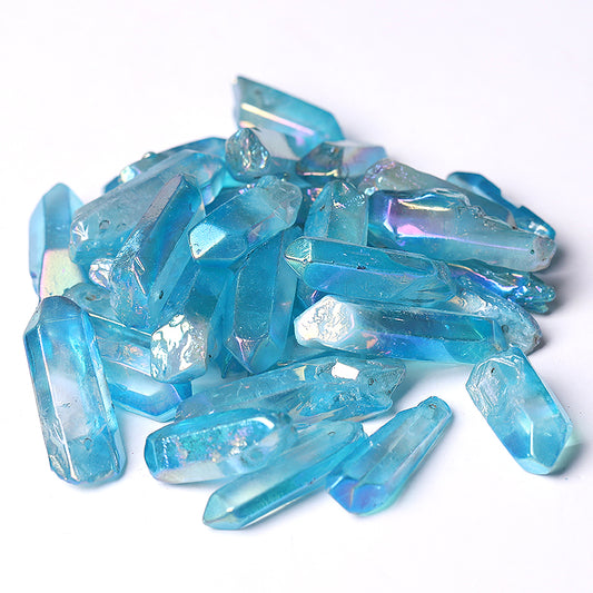 Drilled Blue Aura Angel Crystal Points Raw Rough Clear Rock Quartz Sticks