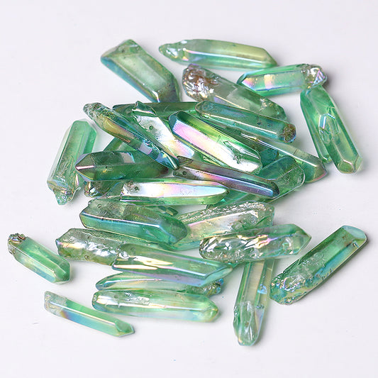 Drilled Green Aura Angel Crystal Points Raw Rough Clear Rock Quartz Sticks