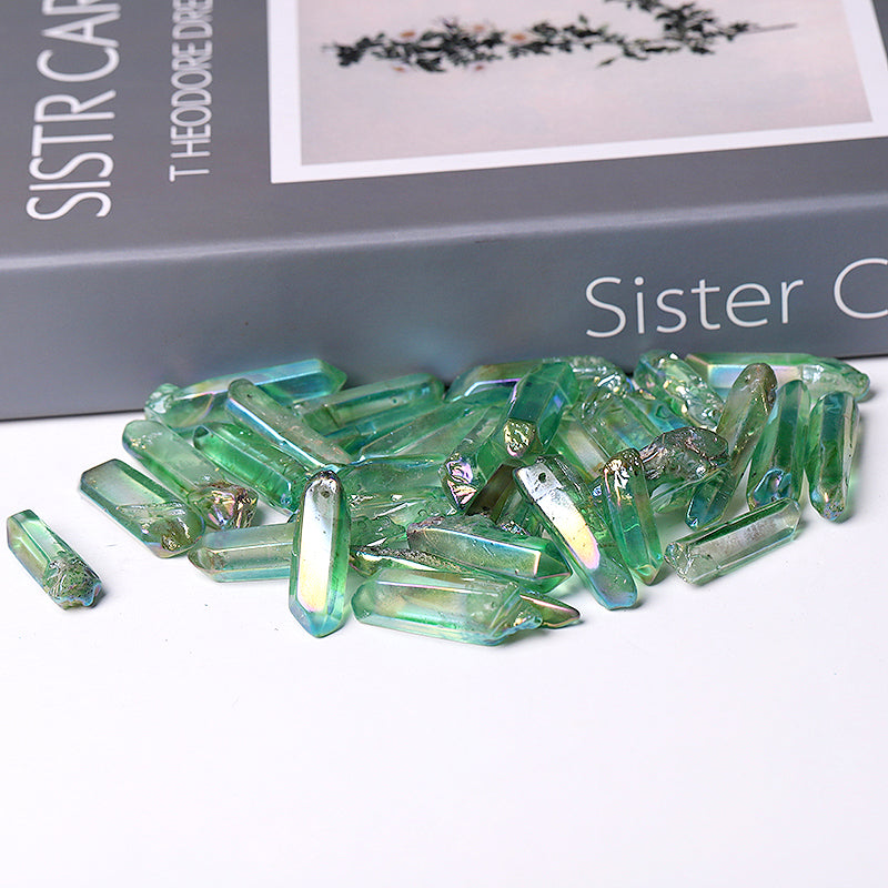 Drilled Green Aura Angel Crystal Points Raw Rough Clear Rock Quartz Sticks