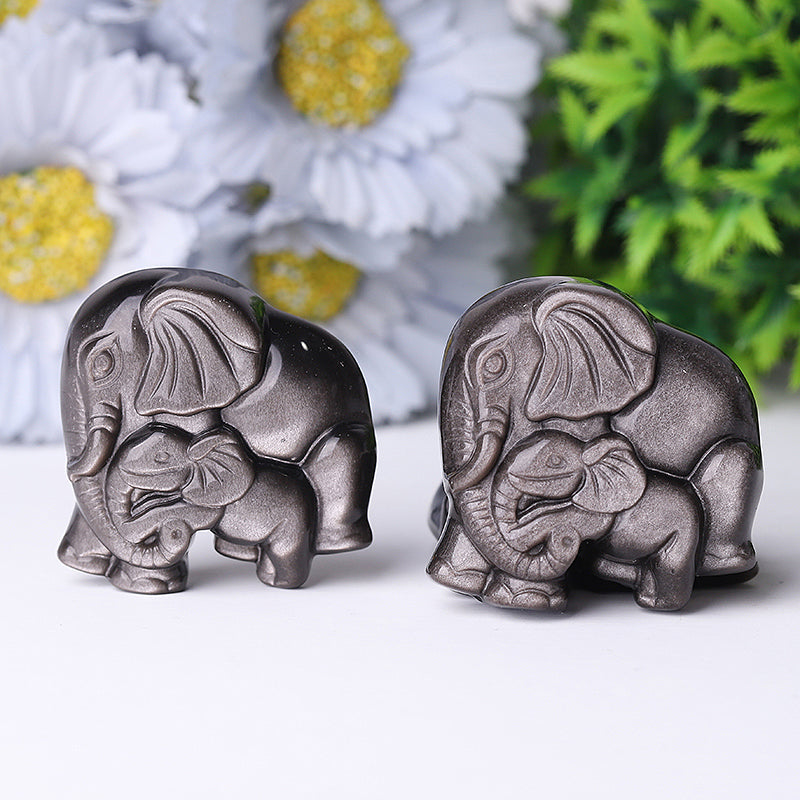 2" Silver Obsidian Elephant Crystal Carvings