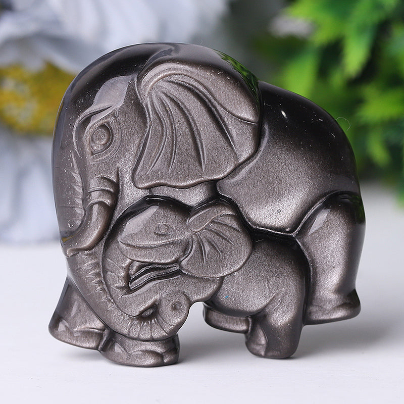 2" Silver Obsidian Elephant Crystal Carvings