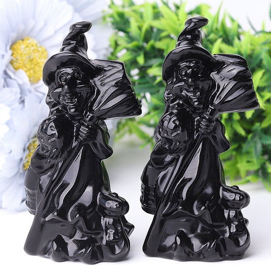 4.5" Black Obsdian Witch Crystal Carvings for Halloween