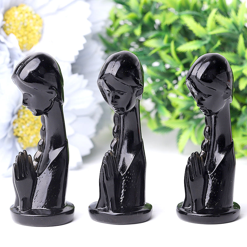 3" Black Obsidian Pray Woman Crystal Carvings